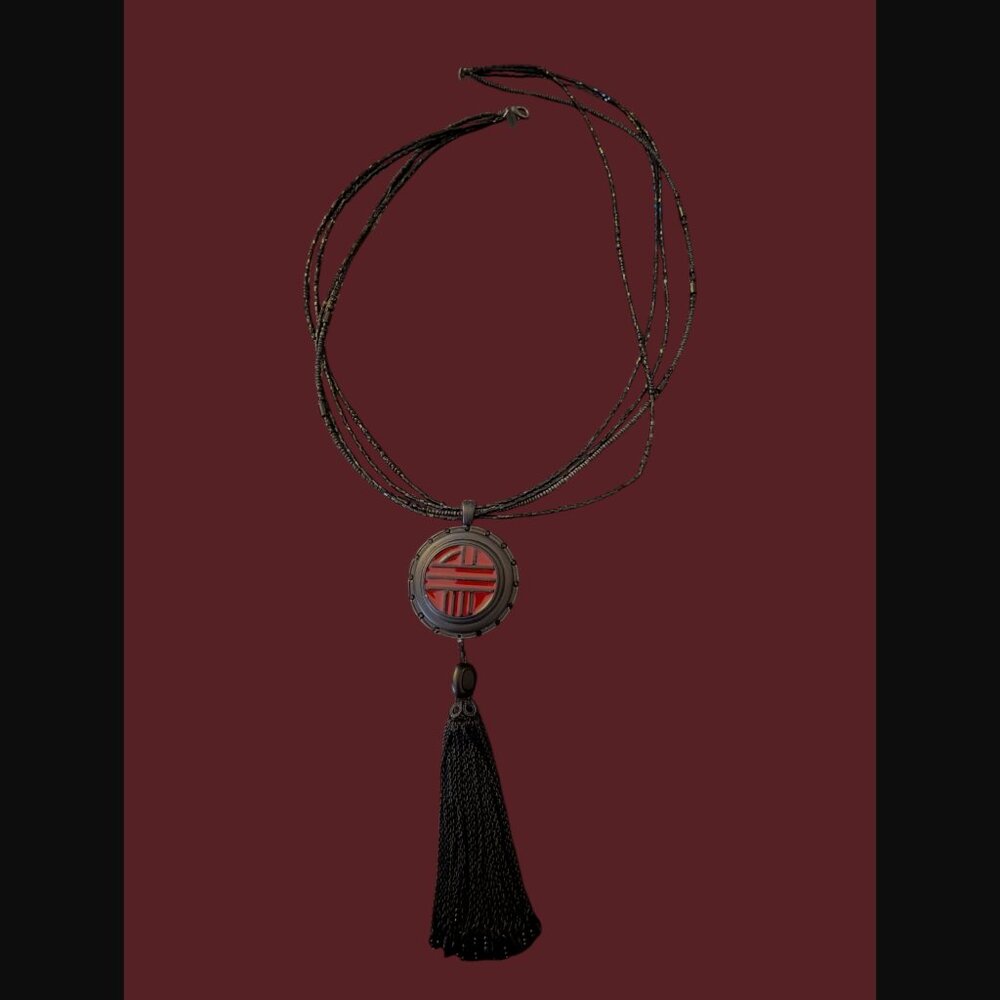 Chicos Black Beaded Multistrand Asian Inspired Long Tassel 29.5" Necklace